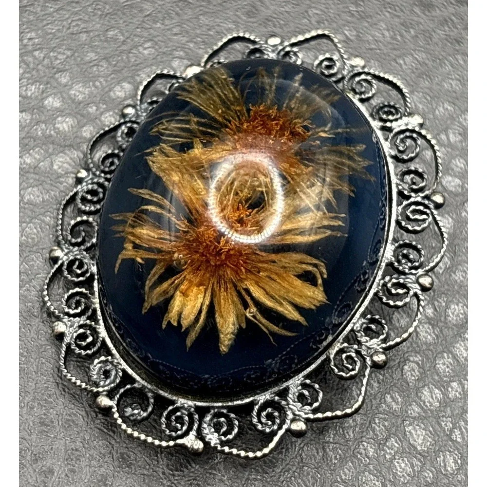 Vintage Victorian Revival Pressed Flowers Brooch Pendant Oval Resin Silver Tone